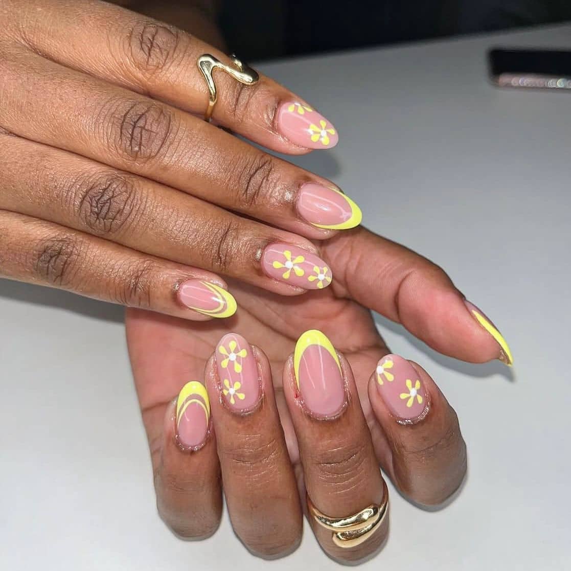 Nude and Yellow Nail Art